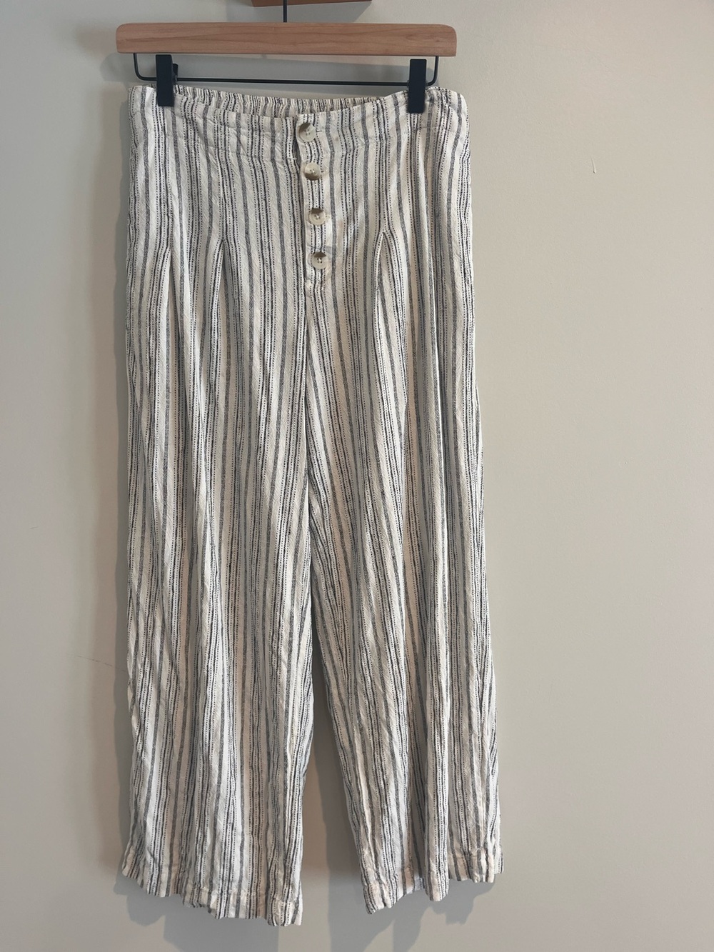 Sincerely Jules Linen Crop Pants Small Wide Leg Striped Black Ivory